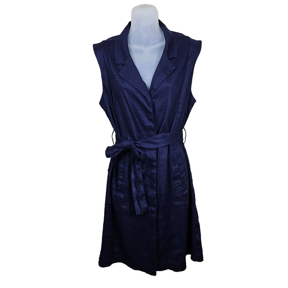 HALSTON Stretch Linen Shirt Dress 8 M Navy Blue Tie Belt Coastal Preppy Pockets - Picture 2 of 16